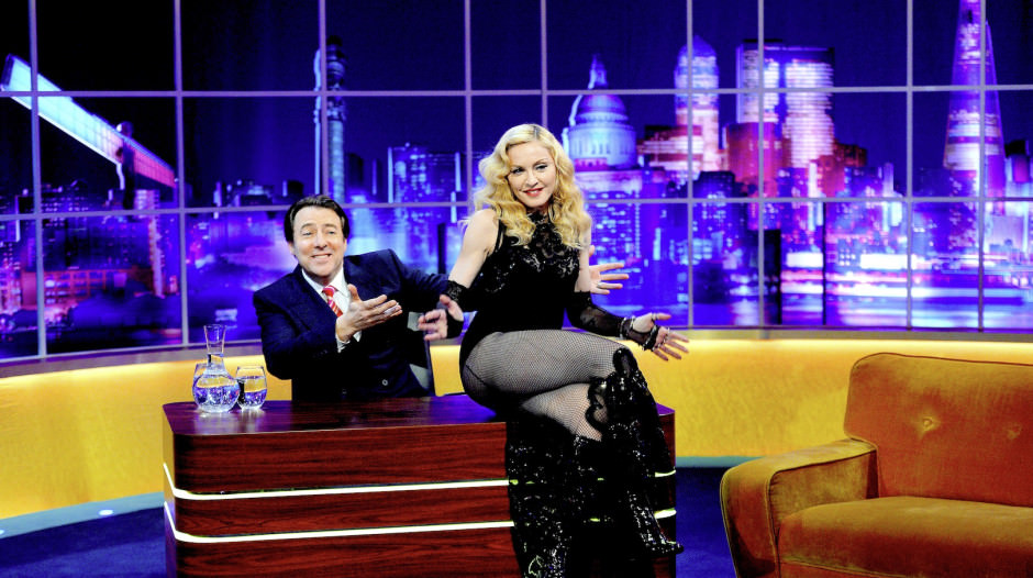 EXCLUSIVE -  EDITORIAL USE ONLY / NO MERCHANDISING

Mandatory Credit: Photo by Dave Hogan/Hotsauce/REX (4462483c)

Jonathan Ross and Madonna

'The Jonathan Ross Show - Madonna Special' TV Programme, London, Britain. - 14 Mar 2015

The pop legend appears in a very special episode of The Jonathan Ross Show, which will air in mid-March, talking for the first time about her fall at the recent Brit Awards and her thoughts on her children taking drugs.


The Jonathan Ross Show Madonna Special will broadcast on ITV on Saturday March 14. The next episode (Saturday February 28) features Sigourney Weaver, Thierry Henry, Martin Clunes, Kanye West and Tracey Emin, airing at 9.40pm on ITV1.